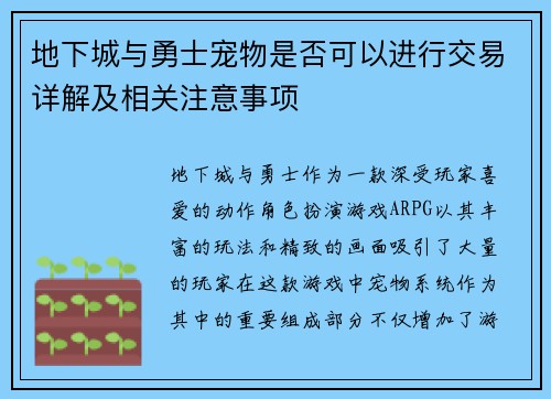 地下城与勇士宠物是否可以进行交易详解及相关注意事项